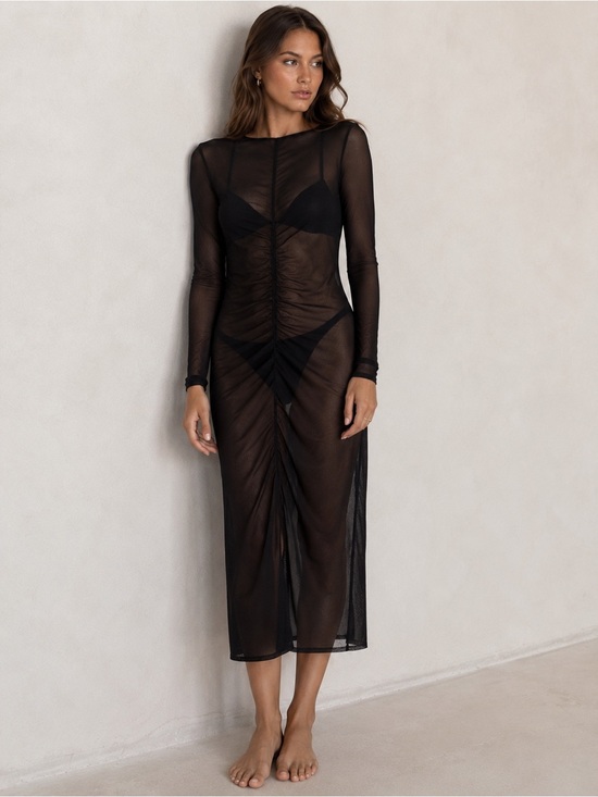 Zara Dresses & Skirts - Zara Sheer Mesh Ruched Midi Cover up Dress S